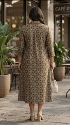 Plus Size Cotton Printed Midi Dress for Women | Brown Geometric A-Line Dress
