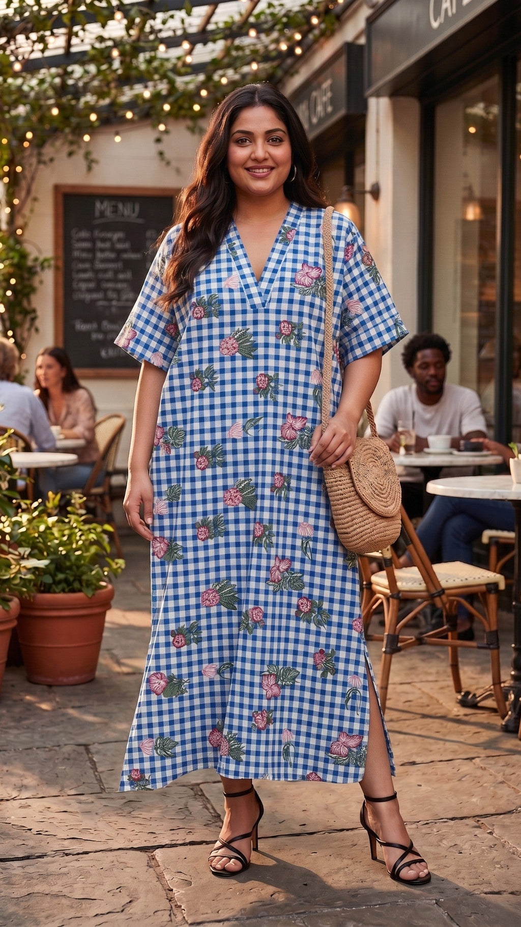 Plus Size Blue Checked Floral Print Maxi Dress – Relaxed Fit Cotton Dress for Women
