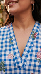 Plus Size Blue Checked Floral Print Maxi Dress – Relaxed Fit Cotton Dress for Women