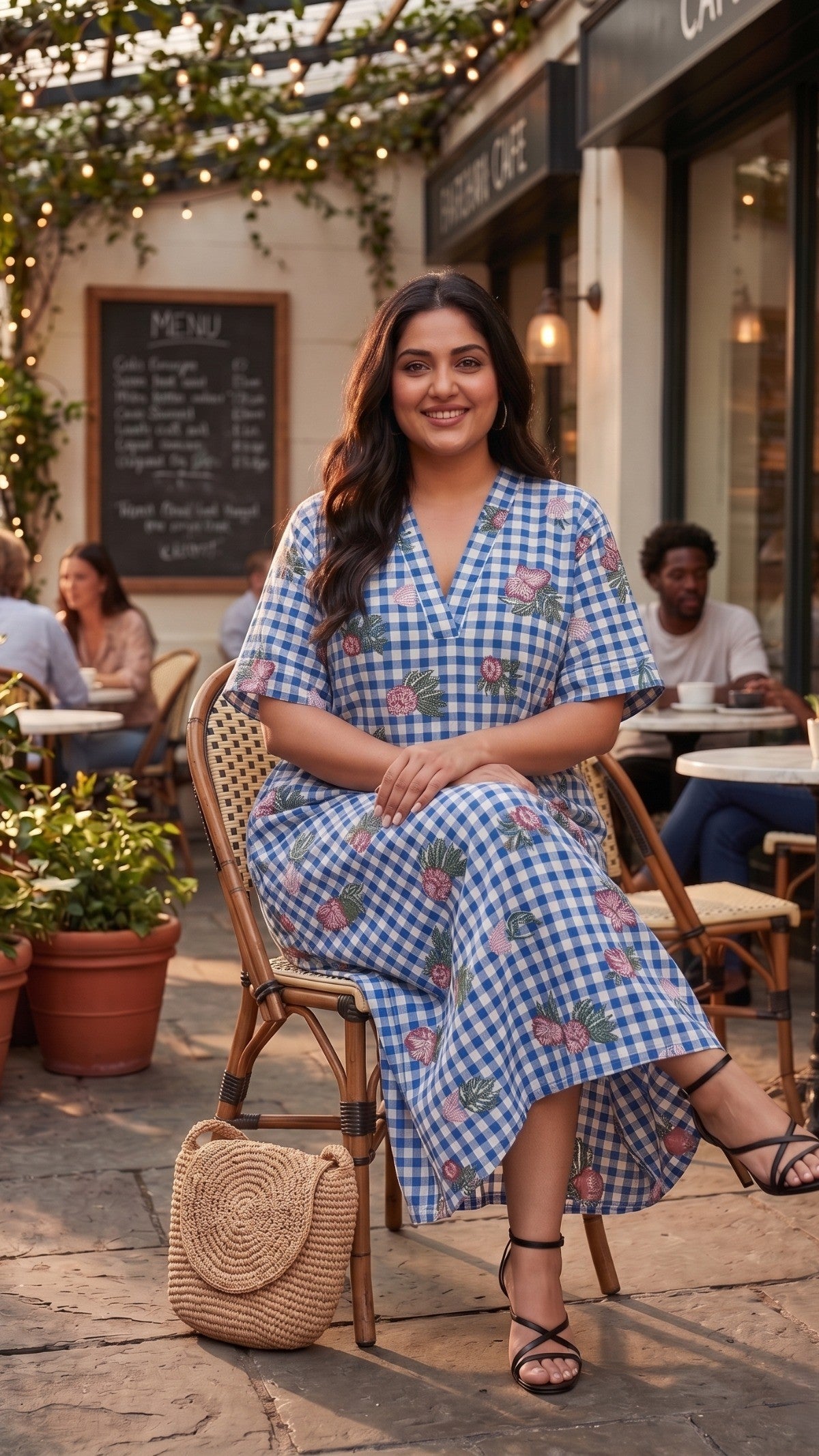 Plus Size Blue Checked Floral Print Maxi Dress – Relaxed Fit Cotton Dress for Women