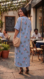 Plus Size Blue Checked Floral Print Maxi Dress – Relaxed Fit Cotton Dress for Women