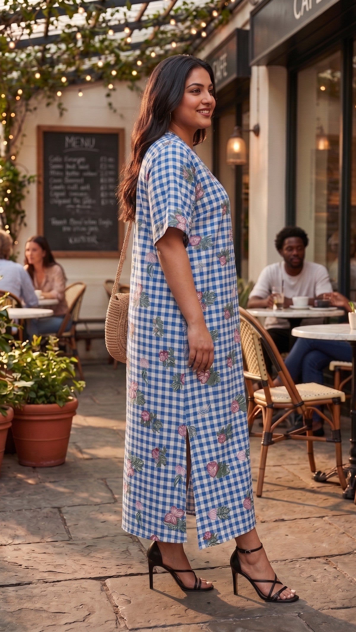 Plus Size Blue Checked Floral Print Maxi Dress – Relaxed Fit Cotton Dress for Women