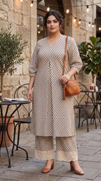 Plus Size Cotton Kurta Set for Women | Beige Printed Kurta with Lace Palazzo