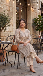 Plus Size Cotton Kurta Set for Women | Beige Printed Kurta with Lace Palazzo