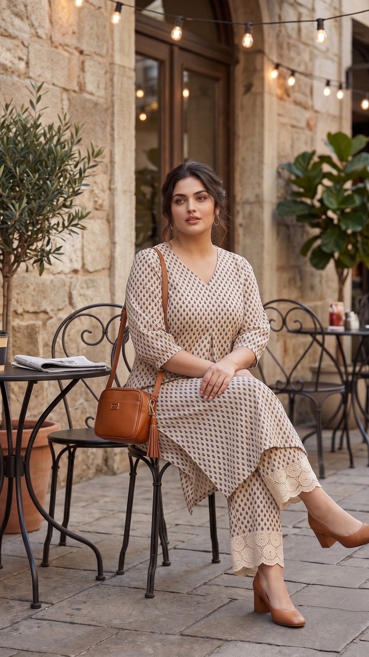 Plus Size Cotton Kurta Set for Women | Beige Printed Kurta with Lace Palazzo