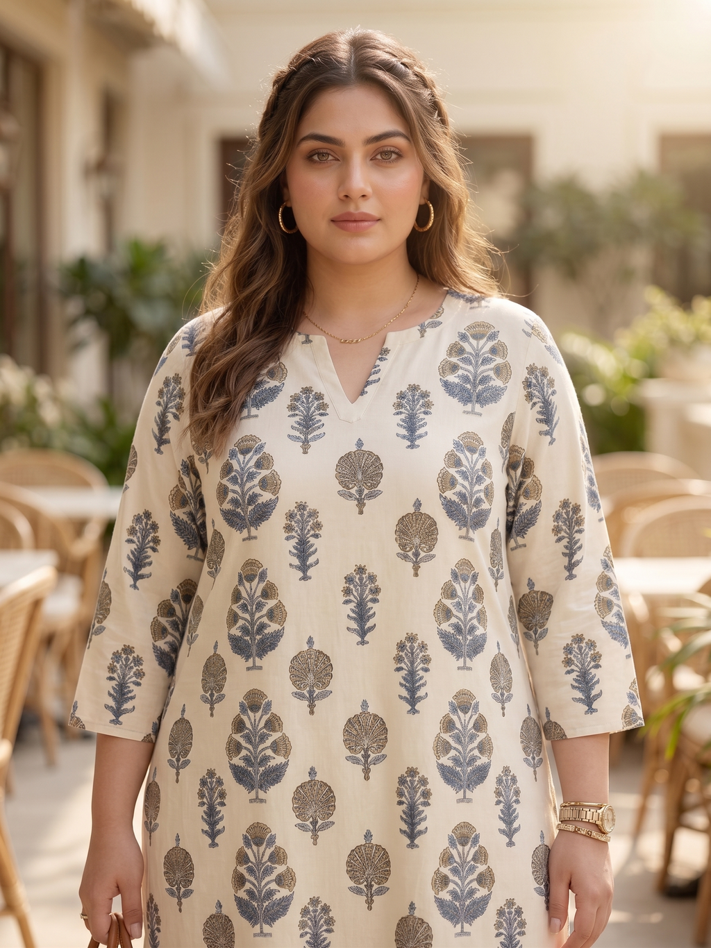 Plus Size Cream Floral Printed Cotton Kurta for Women | V-Neck Straight Fit Kurta