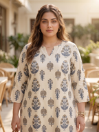 Plus Size Cream Floral Printed Cotton Kurta for Women | V-Neck Straight Fit Kurta