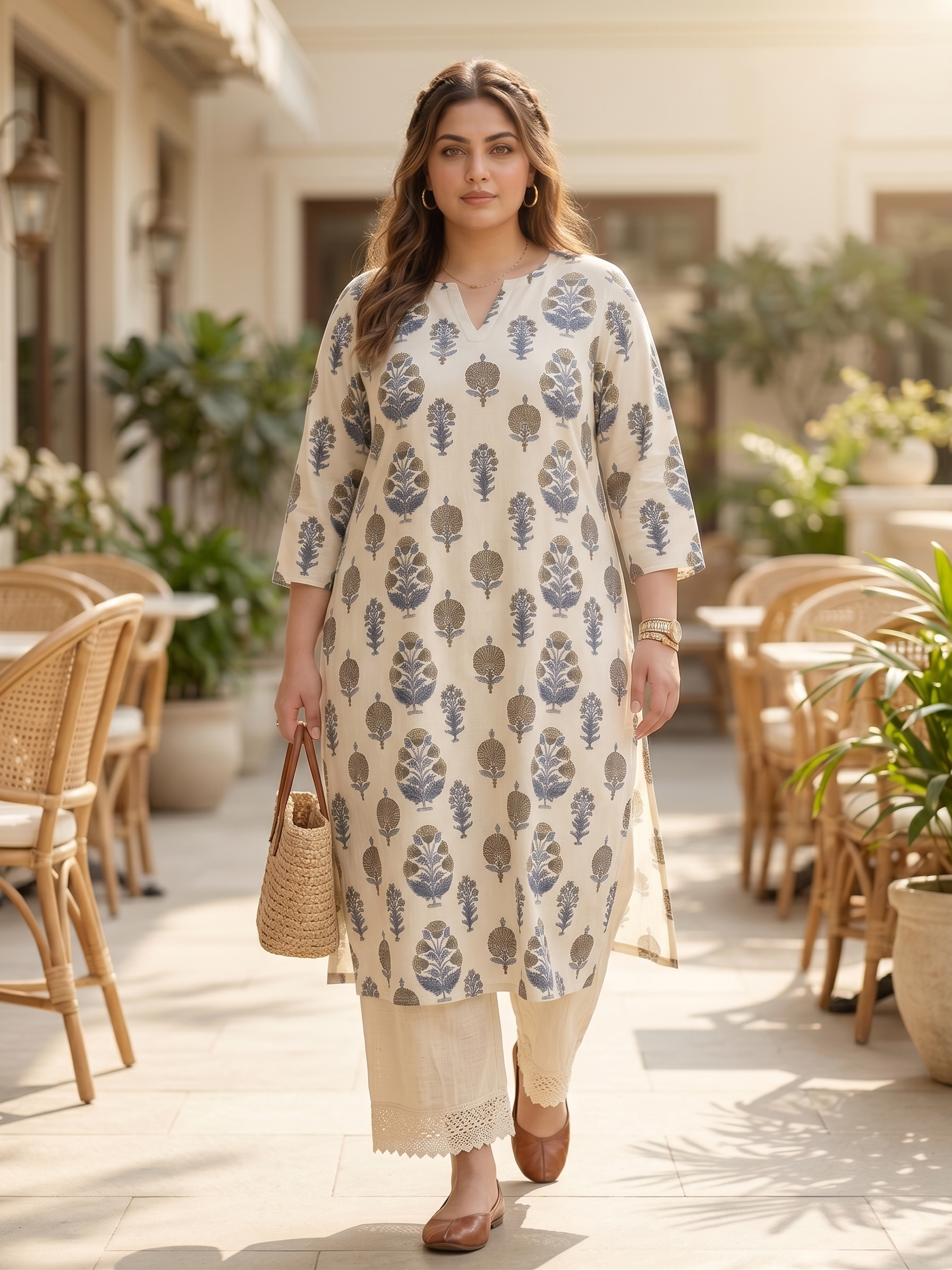 Plus Size Cream Floral Printed Cotton Kurta for Women | V-Neck Straight Fit Kurta