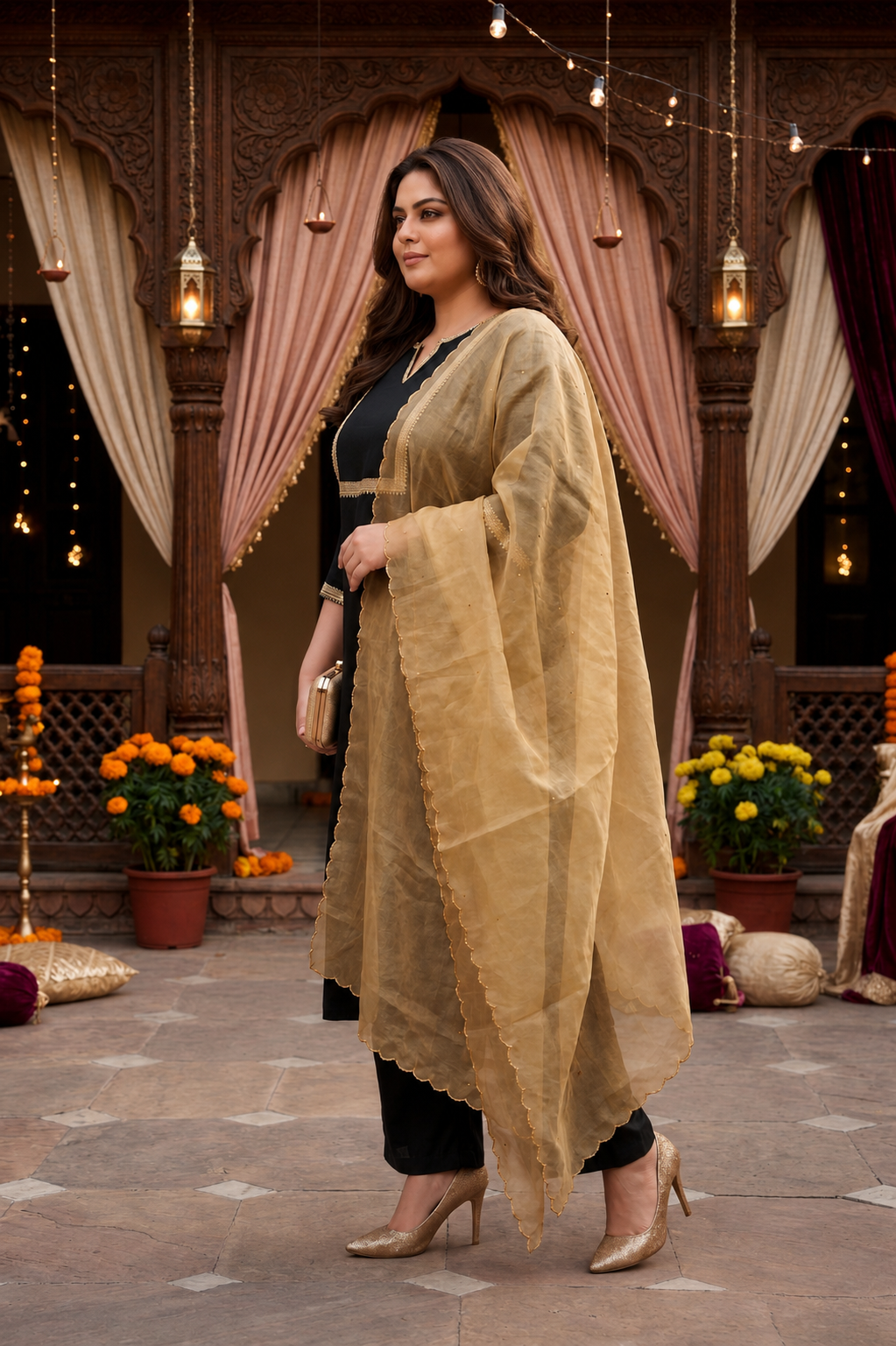 Royal Black Linen Kurta Pant Set with Golden Dupatta( Set of 3)