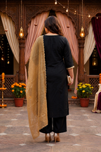 Royal Black Linen Kurta Pant Set with Golden Dupatta( Set of 3)