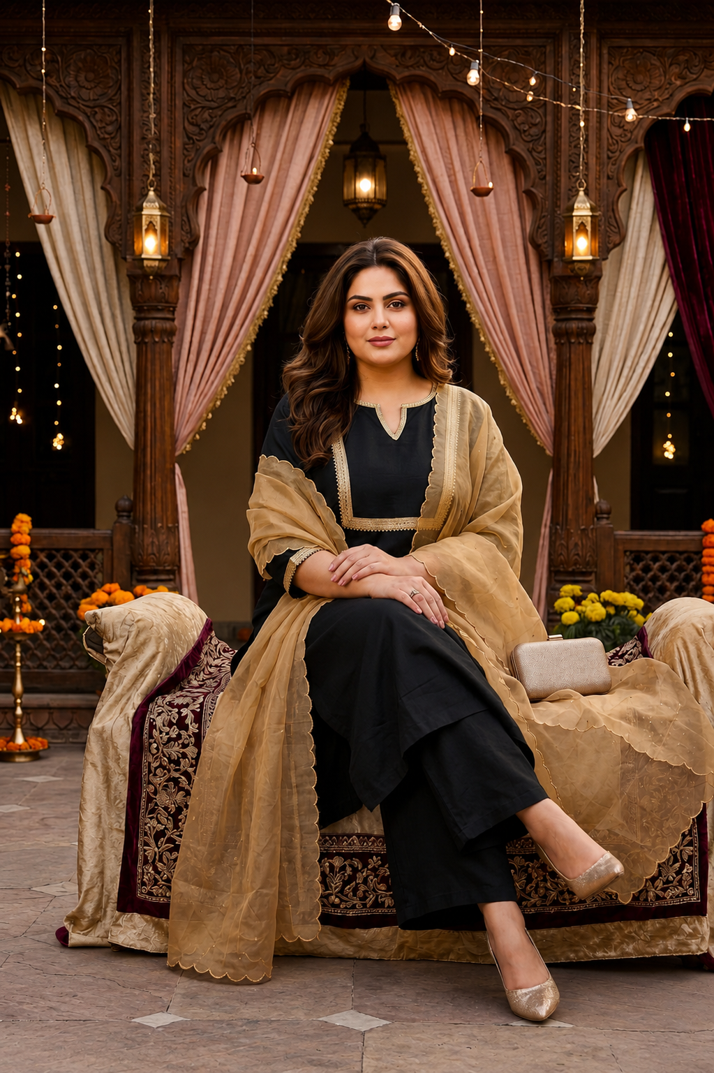 Royal Black Linen Kurta Pant Set with Golden Dupatta( Set of 3)