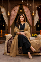 Royal Black Linen Kurta Pant Set with Golden Dupatta( Set of 3)