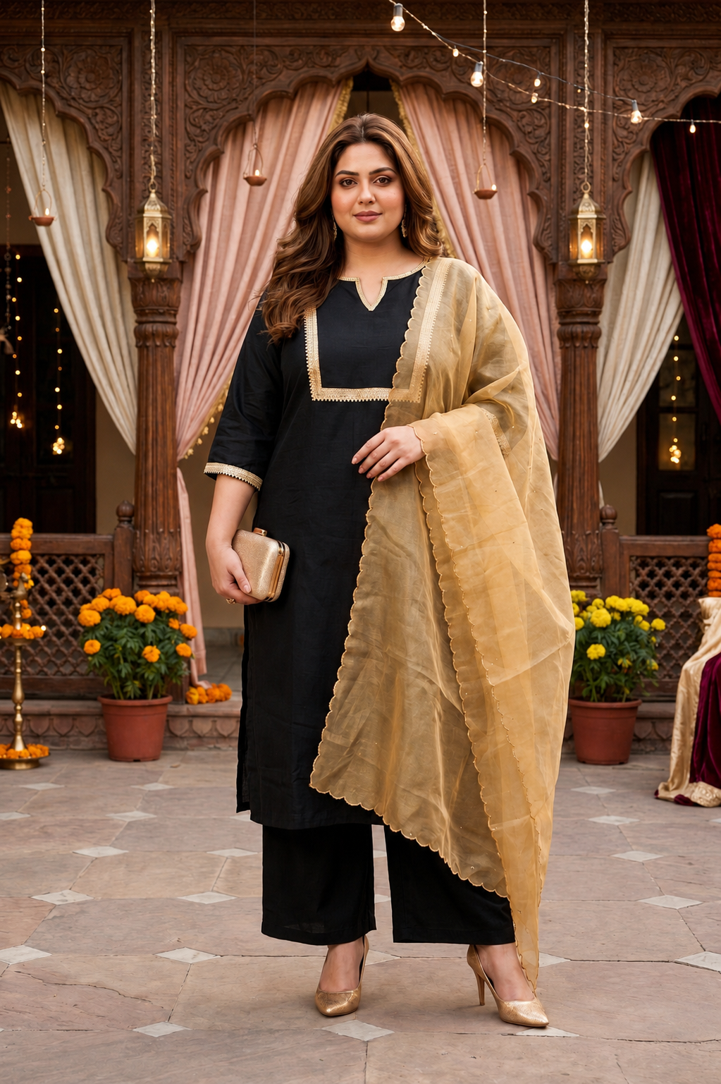 Royal Black Linen Kurta Pant Set with Golden Dupatta( Set of 3)
