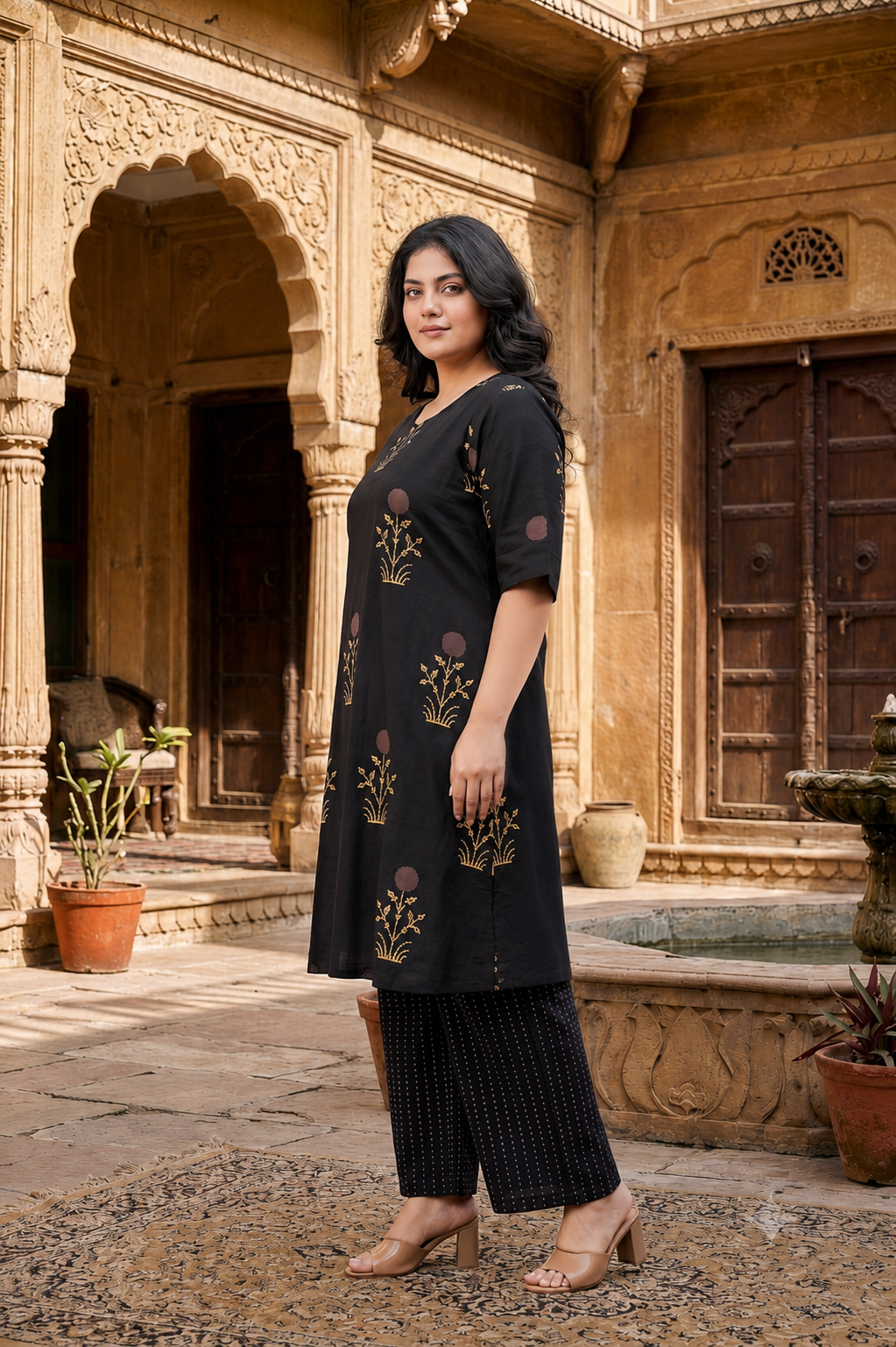 Black Bagru Print Boota & Stripes Co-ord set For Women