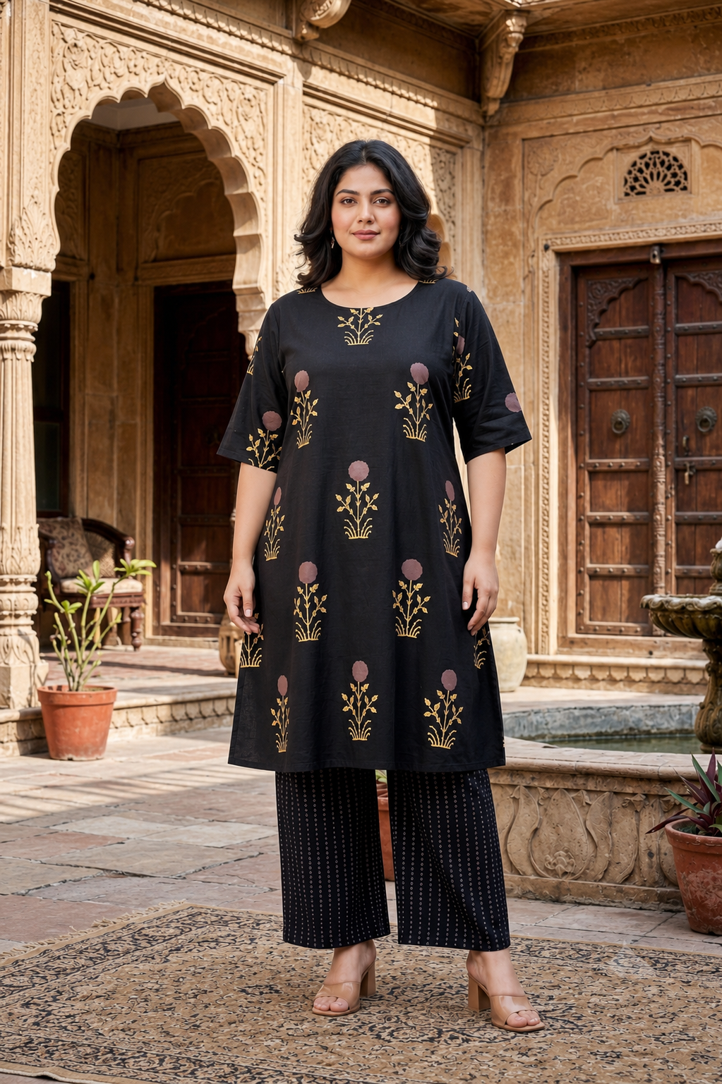 Black Bagru Print Boota & Stripes Co-ord set For Women