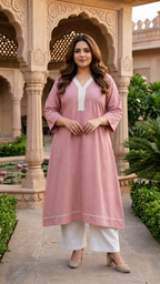 Elegant V-Neck Blush Pink Chinnon Kurta For Women (Only Kurta)