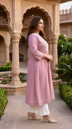 Elegant V-Neck Blush Pink Chinnon Kurta For Women (Only Kurta)