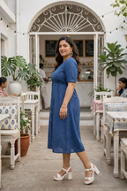 Block Printed Indigo Blue Button Down Midi Dress