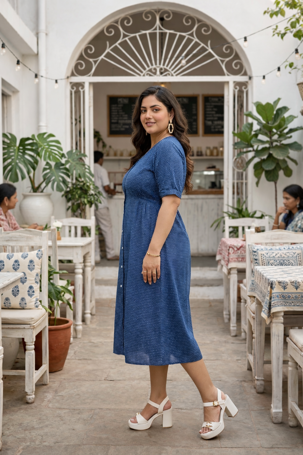 Block Printed Indigo Blue Button Down Midi Dress