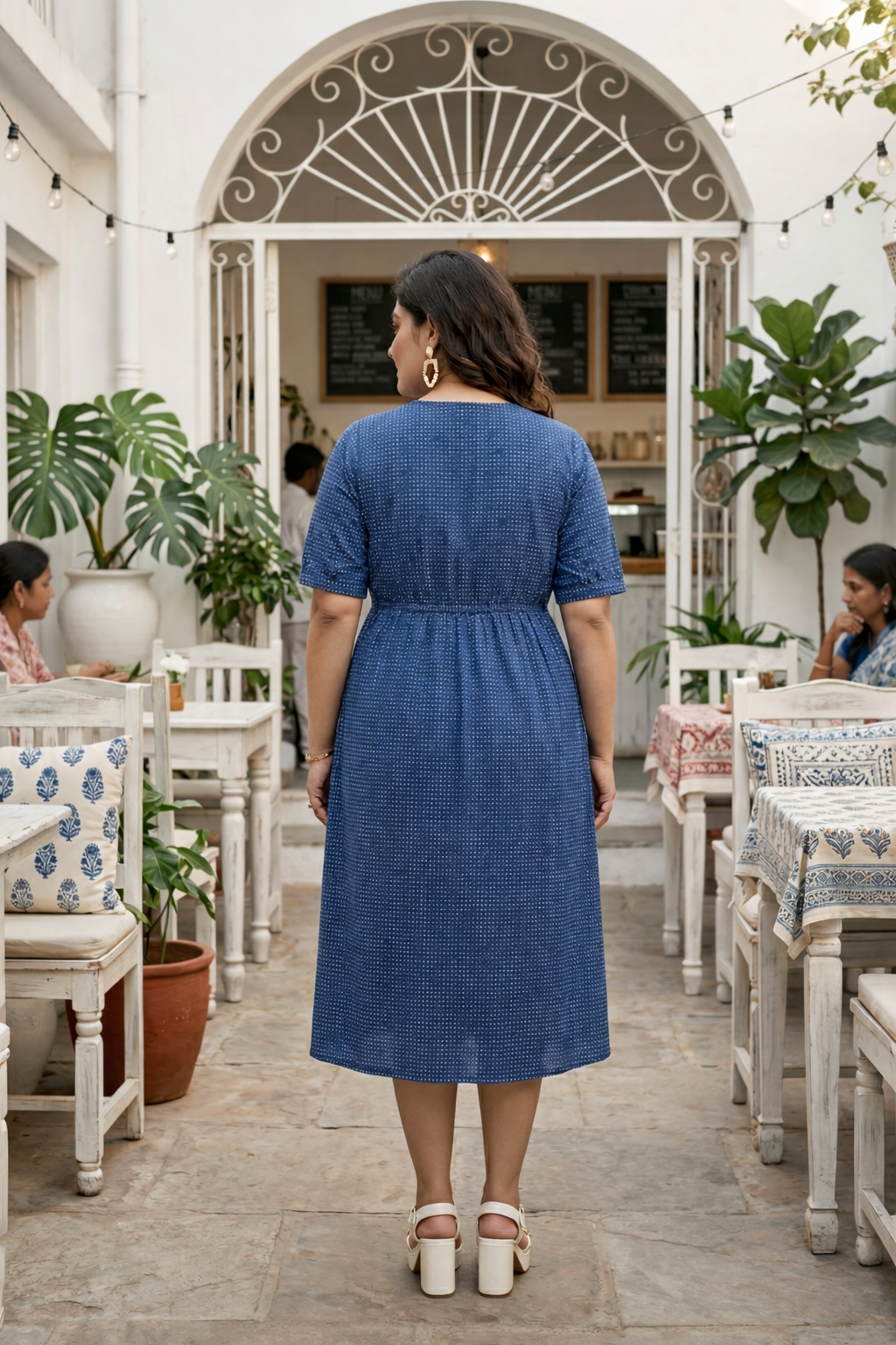 Block Printed Indigo Blue Button Down Midi Dress