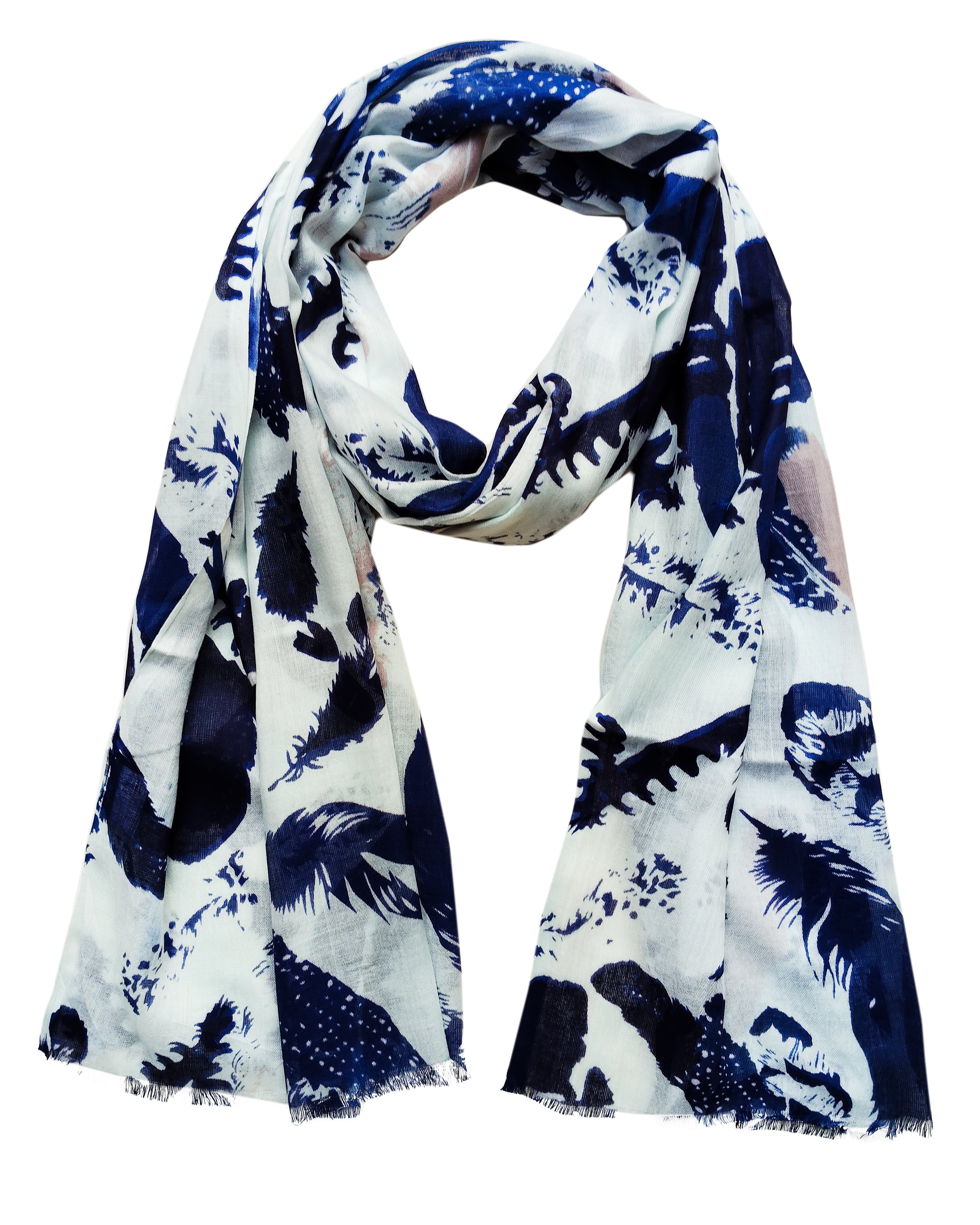 Women's Stole | Blue Feather Print  Blue & White Summer Wrap