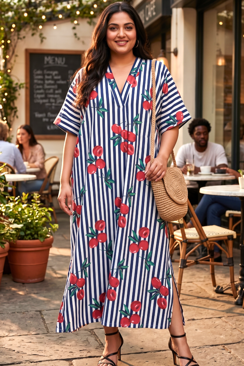 Plus Size Striped Printed Kaftan Dress – Relaxed Fit Maxi Dress for Women