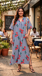 Plus Size Striped Printed Kaftan Dress – Relaxed Fit Maxi Dress for Women