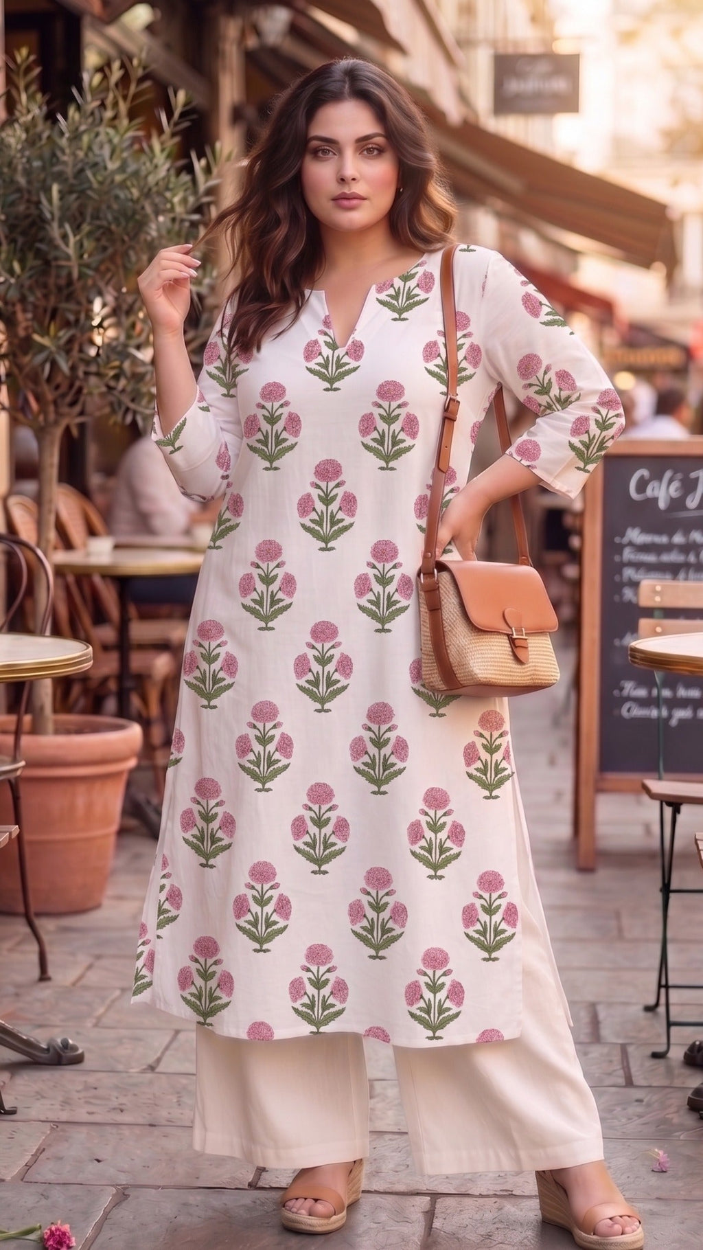 Plus Size Floral Print Cotton Kurta – Straight Fit Ethnic Kurta for Women