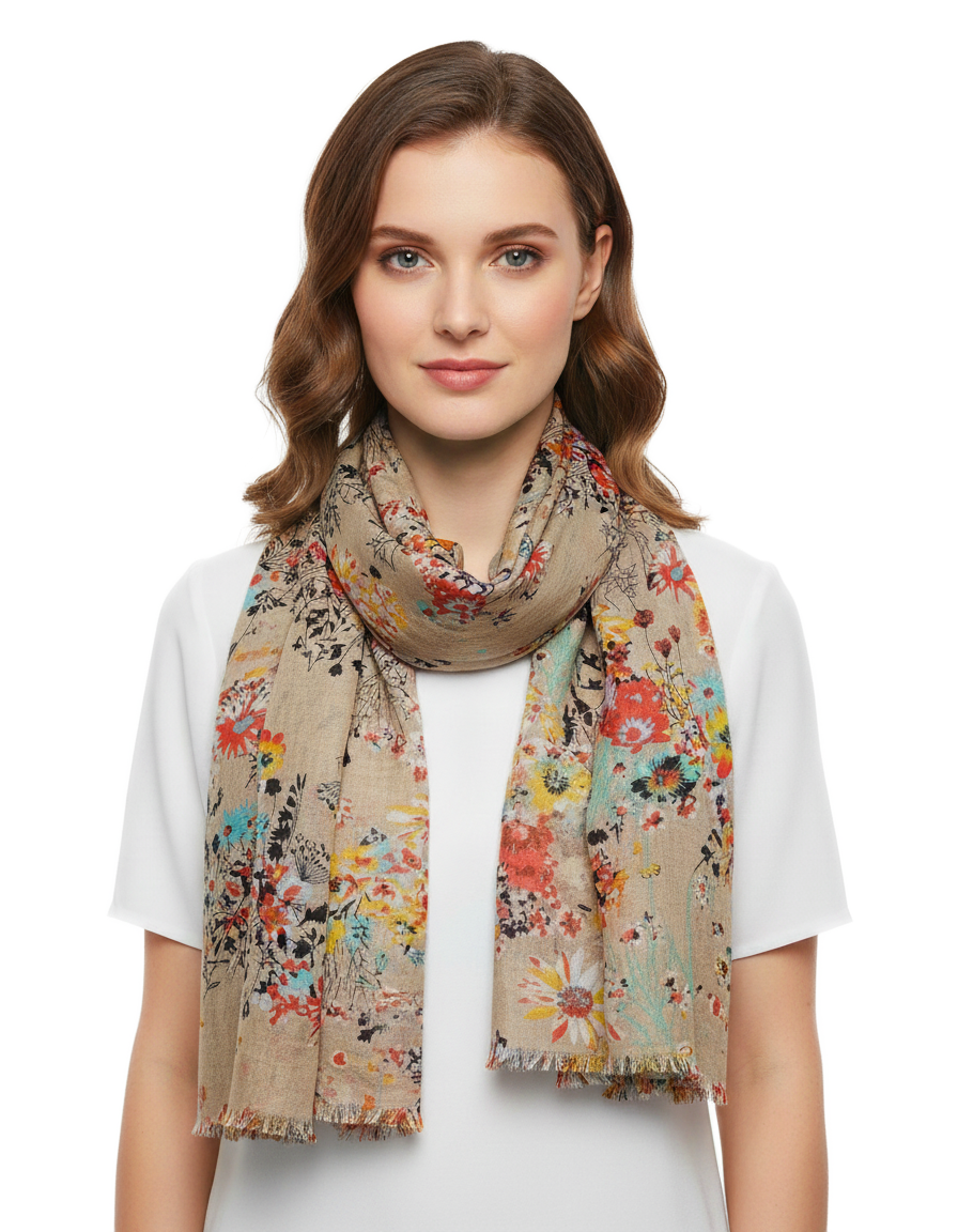 Women's Scarf/Stole | Jungle Floral Print in Orange & Sage Green