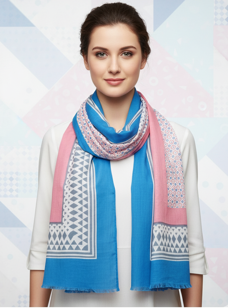 Printed Cotton Scarf for Women | Blue Pink Multi Stole