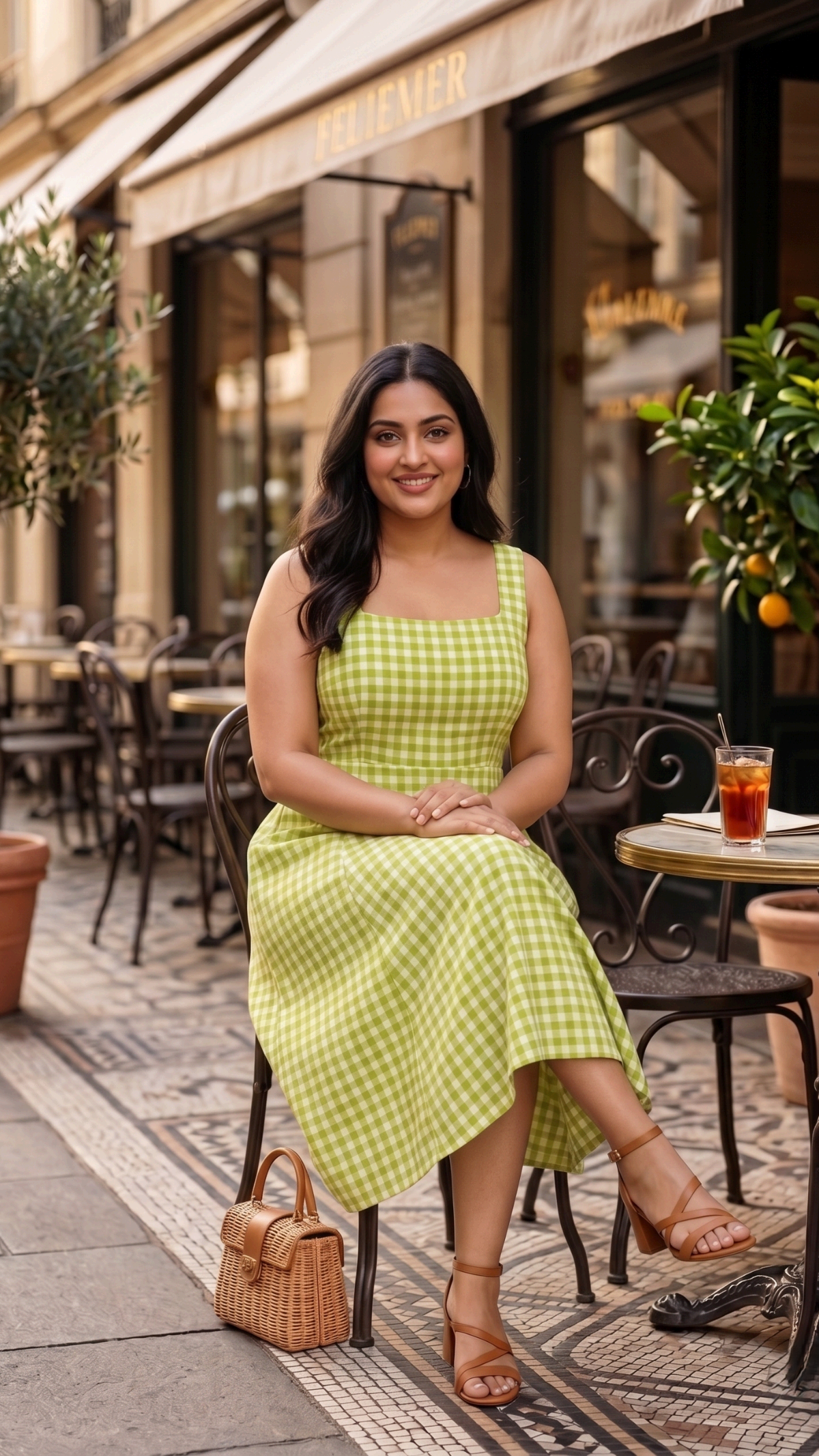 Plus Size Green Gingham Cotton Dress for Women | Sleeveless A-Line Midi Dress
