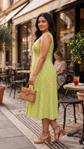Plus Size Green Gingham Cotton Dress for Women | Sleeveless A-Line Midi Dress