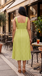 Plus Size Green Gingham Cotton Dress for Women | Sleeveless A-Line Midi Dress