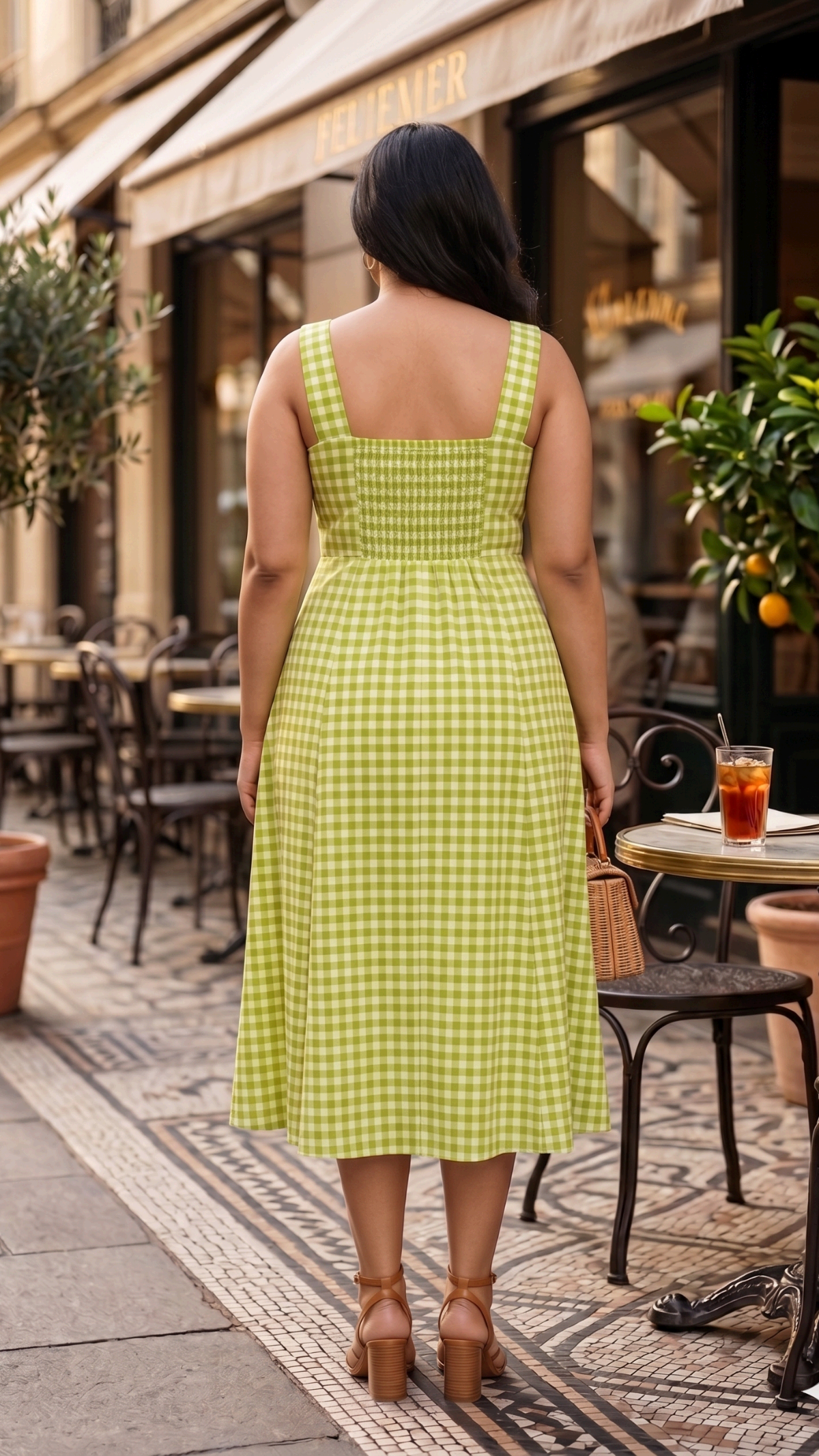 Plus Size Green Gingham Cotton Dress for Women | Sleeveless A-Line Midi Dress