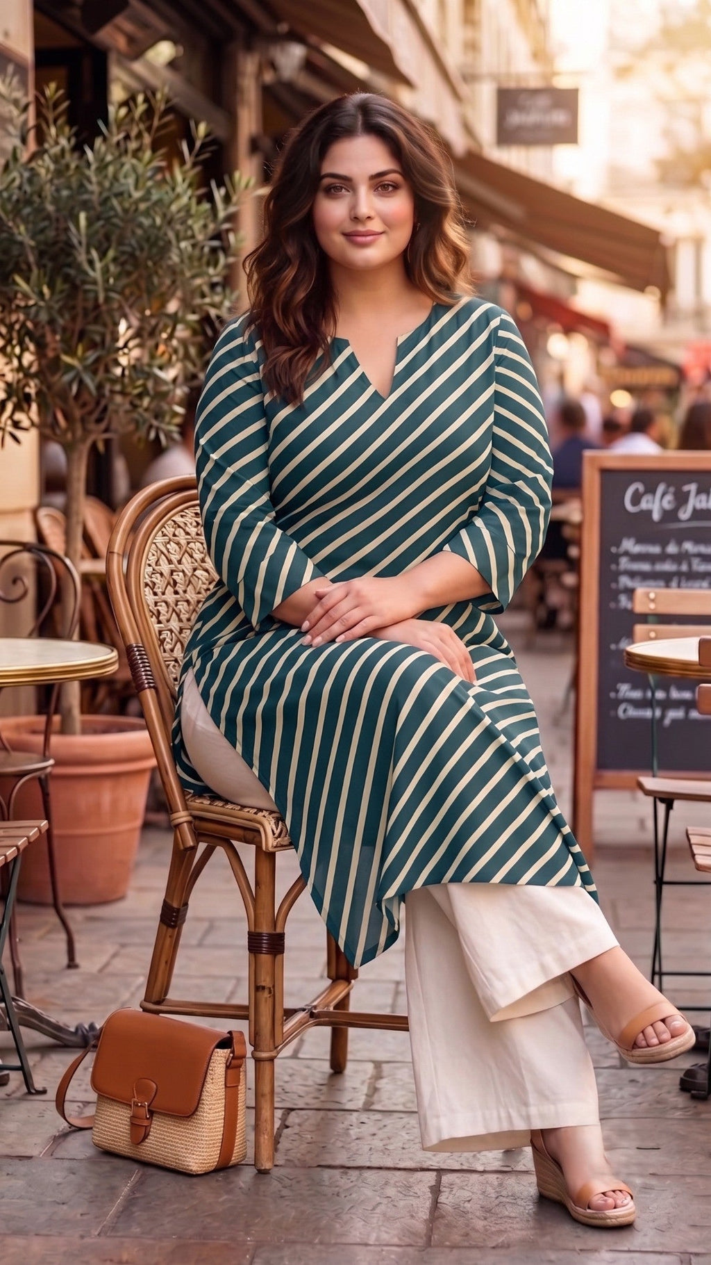 Plus Size Teal Striped Cotton Leheriya Kurta for Women | Casual Straight Kurta