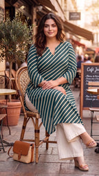 Plus Size Teal Striped Cotton Leheriya Kurta for Women | Casual Straight Kurta
