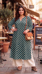 Plus Size Teal Striped Cotton Leheriya Kurta for Women | Casual Straight Kurta