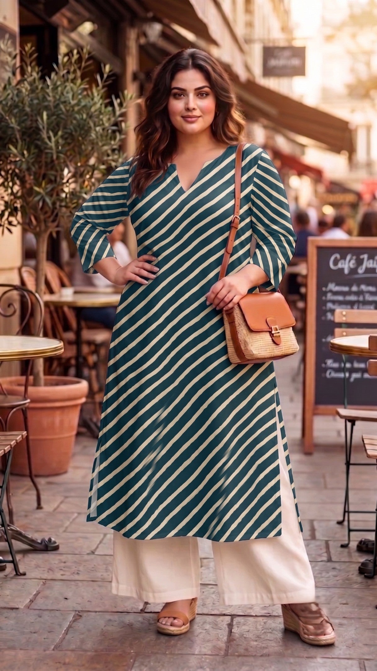 Plus Size Teal Striped Cotton Leheriya Kurta for Women | Casual Straight Kurta