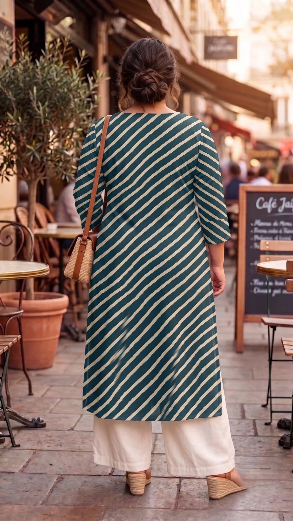 Plus Size Teal Striped Cotton Leheriya Kurta for Women | Casual Straight Kurta