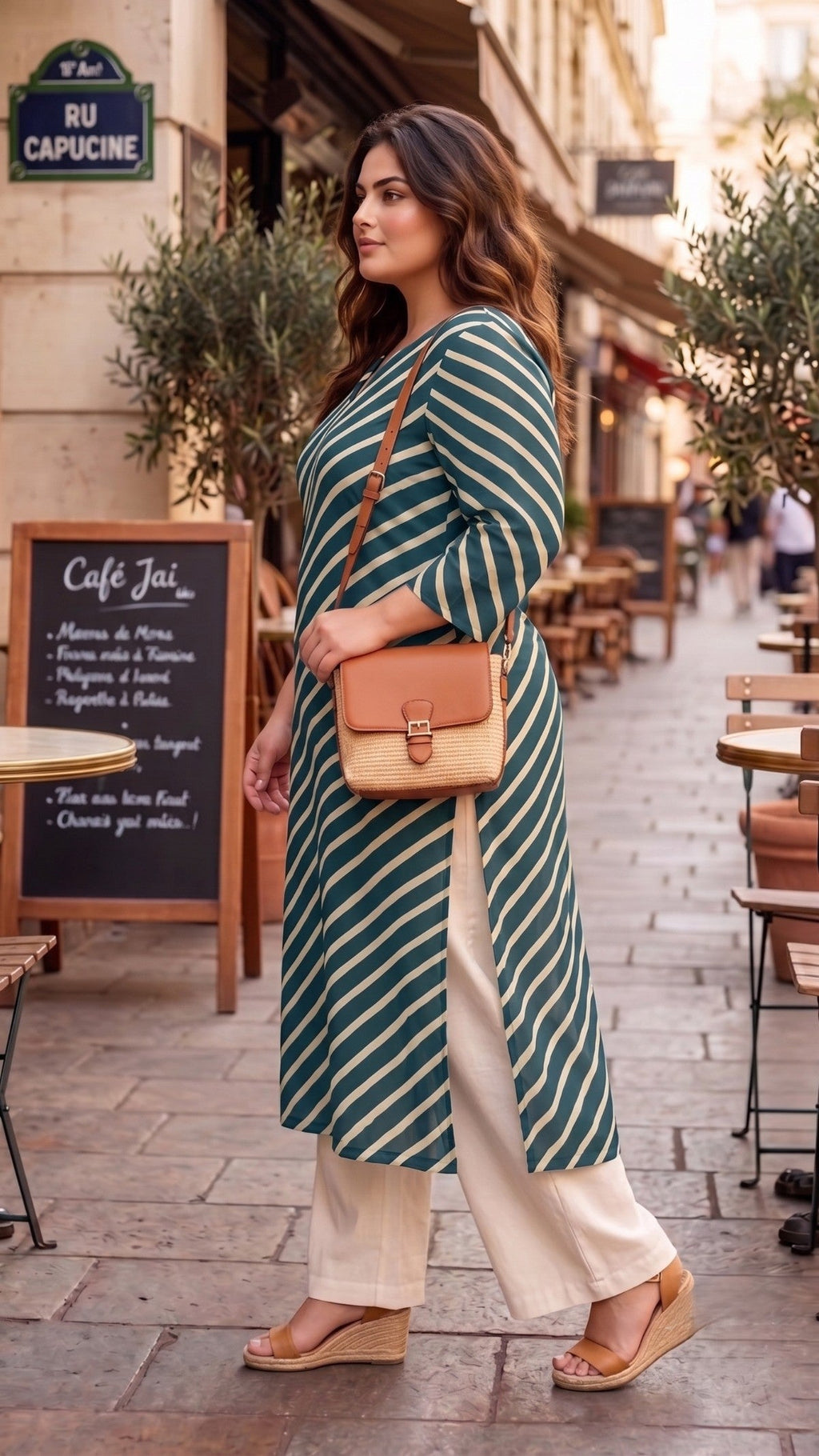 Plus Size Teal Striped Cotton Leheriya Kurta for Women | Casual Straight Kurta
