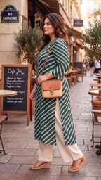 Plus Size Teal Striped Cotton Leheriya Kurta for Women | Casual Straight Kurta