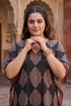 Black Kaftan Cotton Printed Ethnic Co-Ord Set For Women
