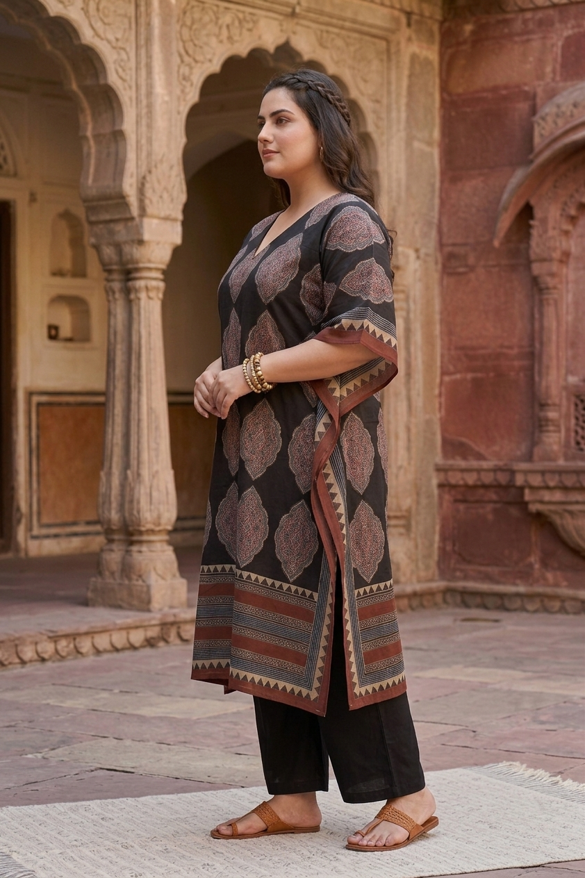Black Kaftan Cotton Printed Ethnic Co-Ord Set For Women