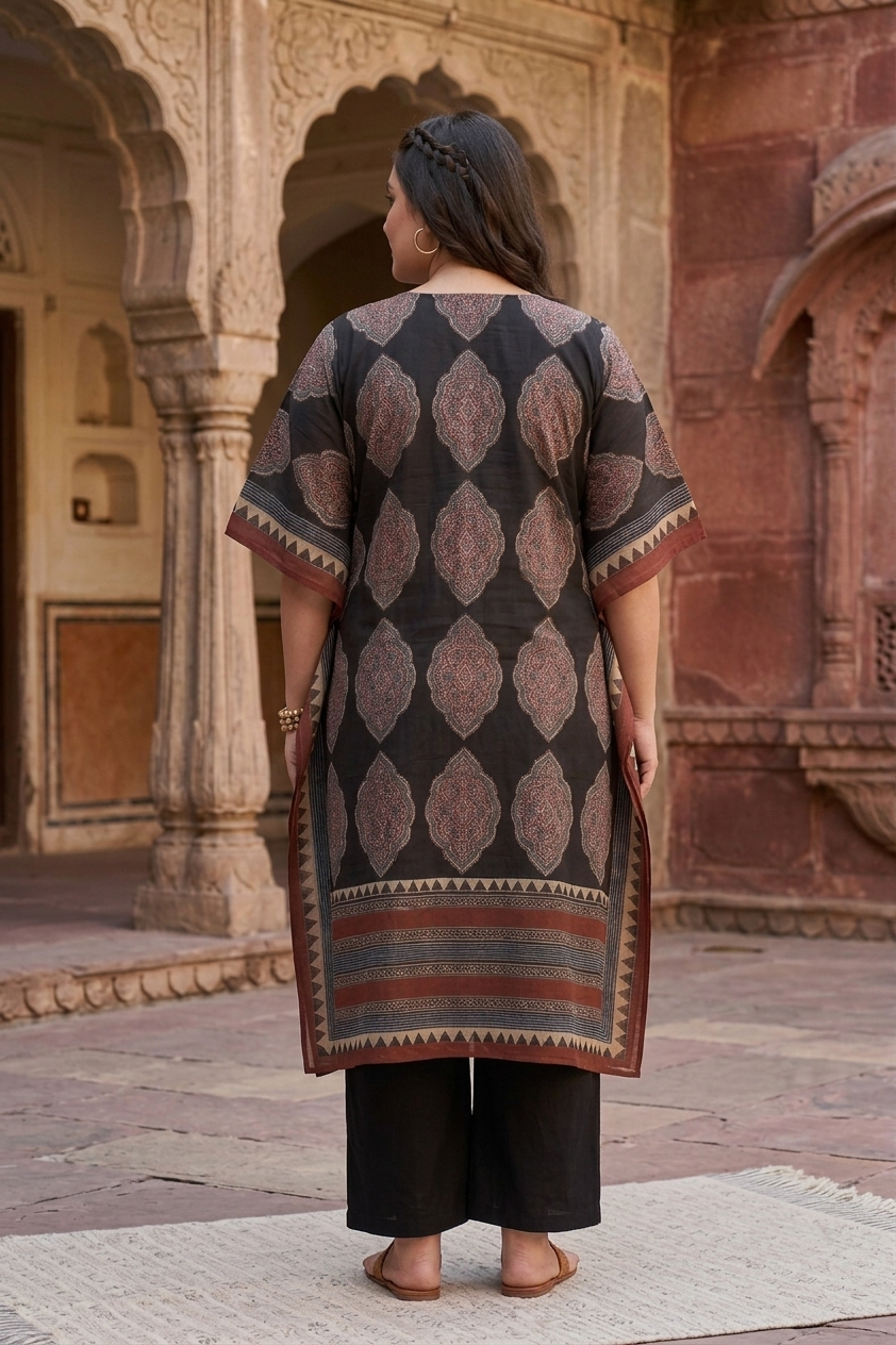 Black Kaftan Cotton Printed Ethnic Co-Ord Set For Women