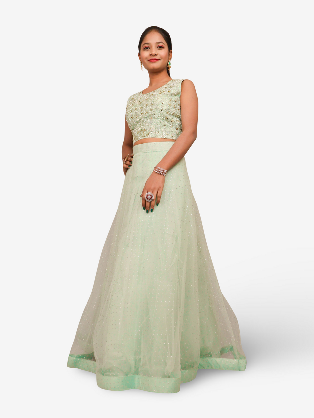 Lehenga Choli Set with Golden Mirror Stone & Pearl Work by Shreekama