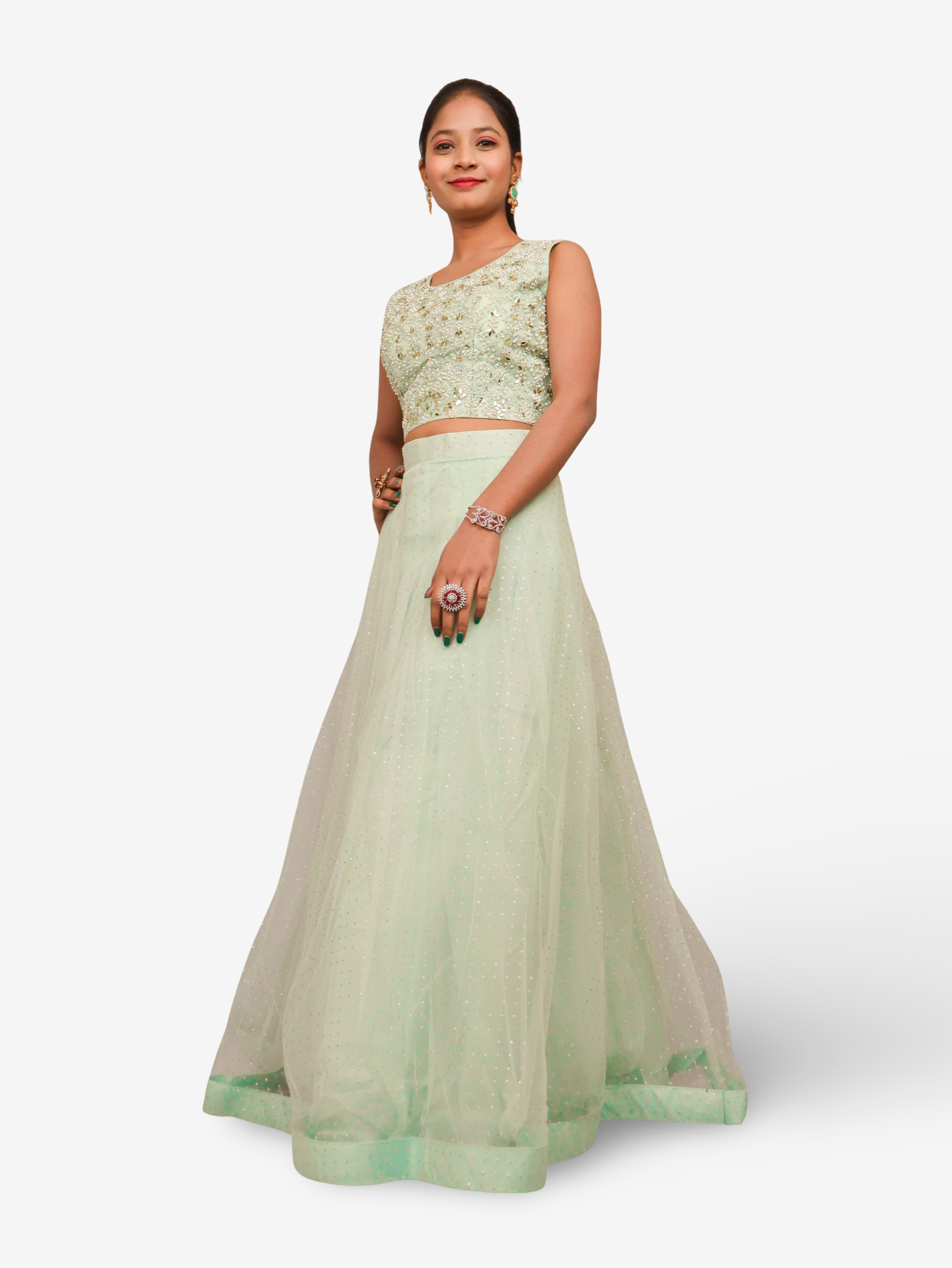 Lehenga Choli Set with Golden Mirror Stone & Pearl Work by Shreekama