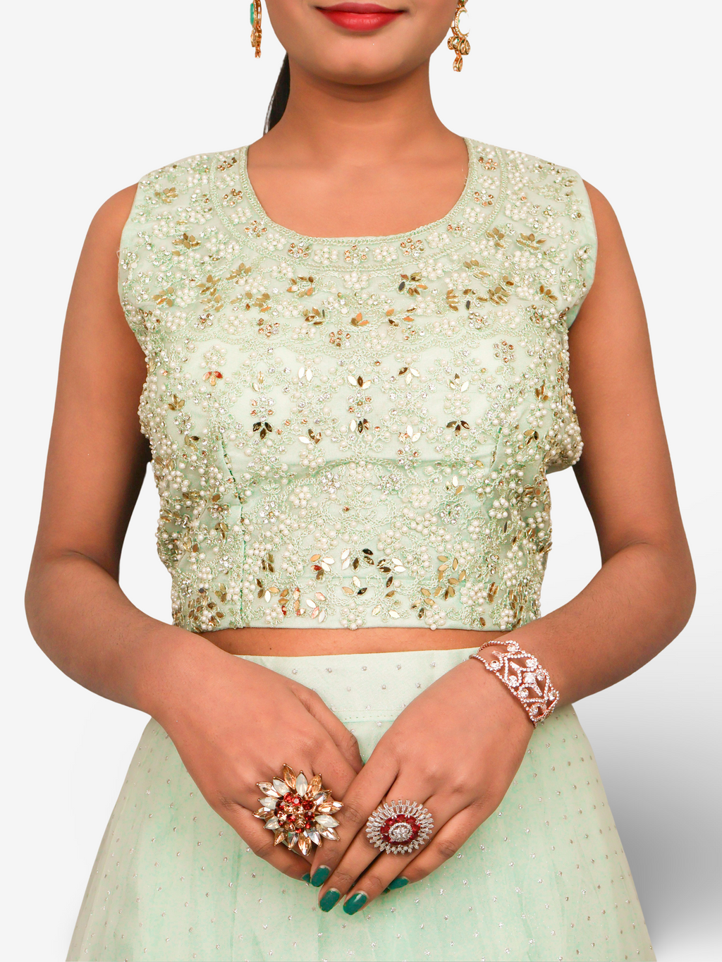 Lehenga Choli Set with Golden Mirror Stone & Pearl Work by Shreekama