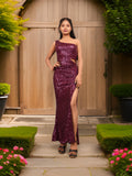 Wine Sequins One-Shoulder Maxi Party Dress by Shreekama