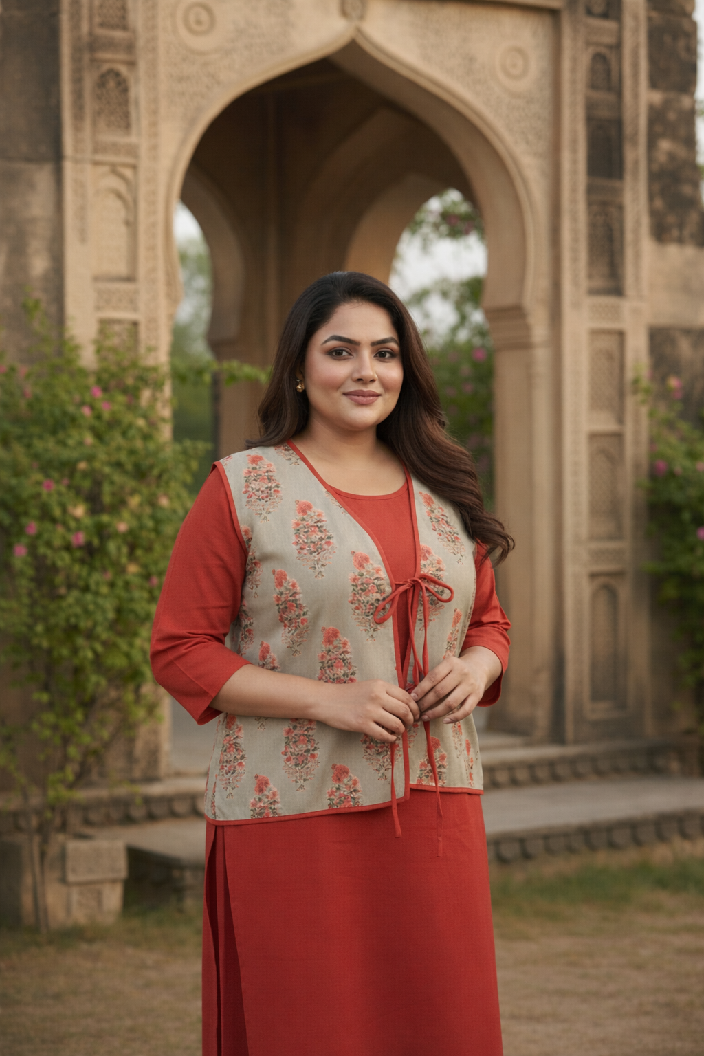 Olive and Coral Sleeveless Cotton Waistcoat