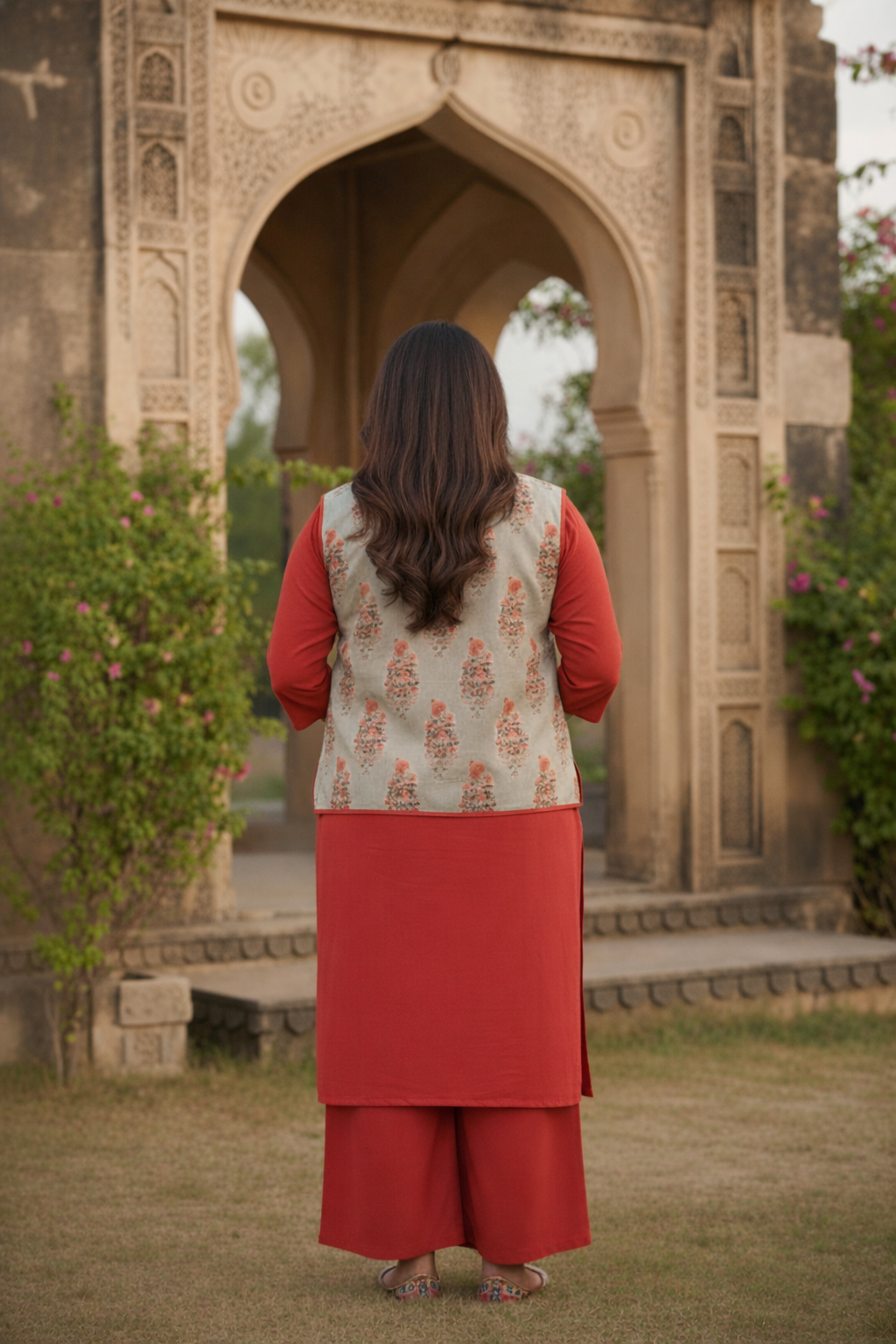 Olive and Coral Sleeveless Cotton Waistcoat